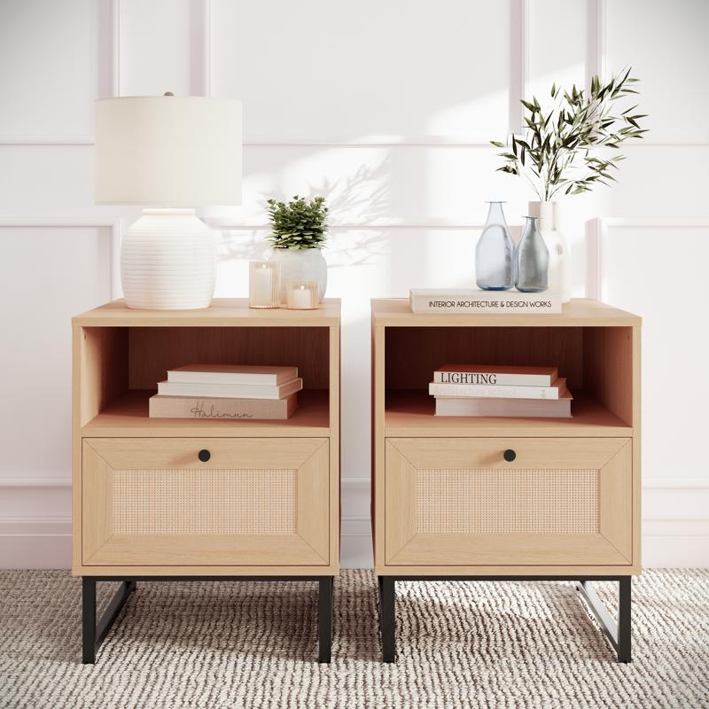 flash furniture Malaki Set of 2 Mid-Century Modern Nightstands or End Tables with Rattan Accented Drawers Open Upper Shelves and Metal Legs in Natural