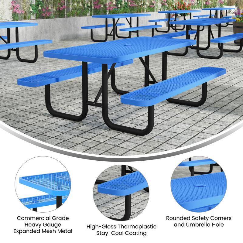 Flash Furniture Mantilla 6' Rectangular Outdoor Picnic Table With Commercial Heavy Gauge Expanded Metal Mesh Top And Seats And Steel Frame In Blue