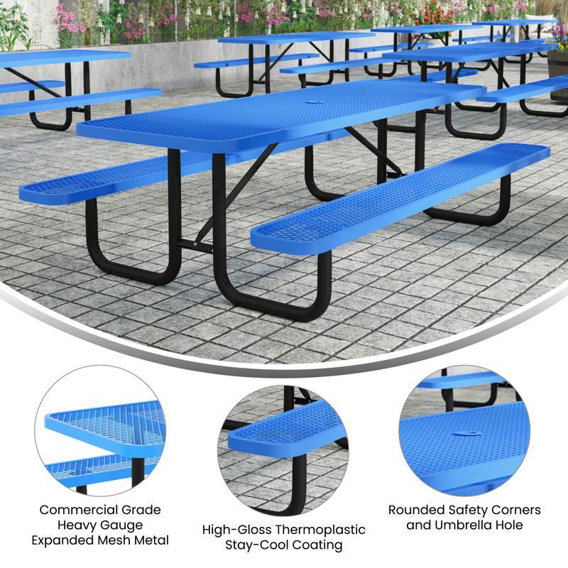 Flash Furniture Mantilla 8' Rectangular Outdoor Picnic Table With Commercial Heavy Gauge Expanded Metal Mesh Top And Seats And Steel Frame In Blue