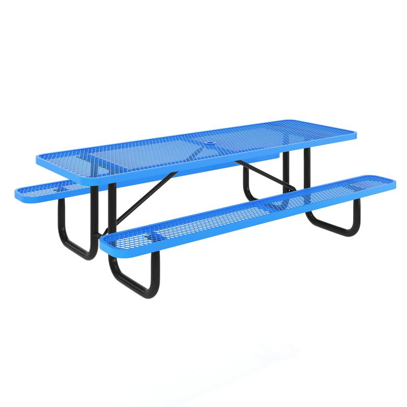 Flash Furniture Mantilla 8' Rectangular Outdoor Picnic Table With Commercial Heavy Gauge Expanded Metal Mesh Top And Seats And Steel Frame With Ground Anchors In Blue