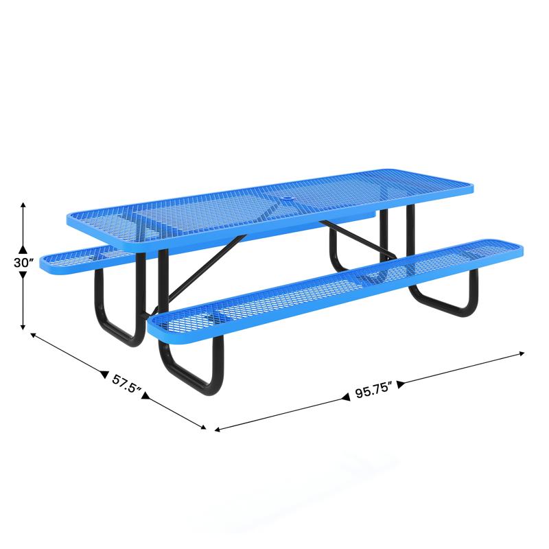 Flash Furniture Mantilla 8' Rectangular Outdoor Picnic Table With Commercial Heavy Gauge Expanded Metal Mesh Top And Seats And Steel Frame With Ground Anchors In Blue