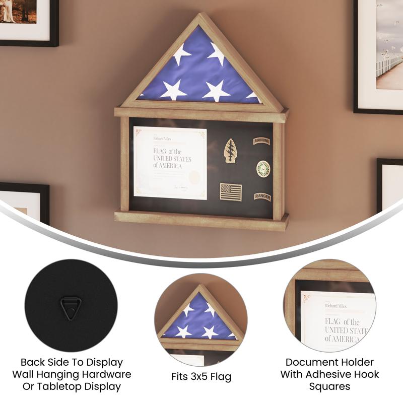 flash Furniture Quincy Flag And Certificate Display Case Solid Pine Wood Flag Shadow Box Fits 3x5 Folded Flag Weathered Wood Finish