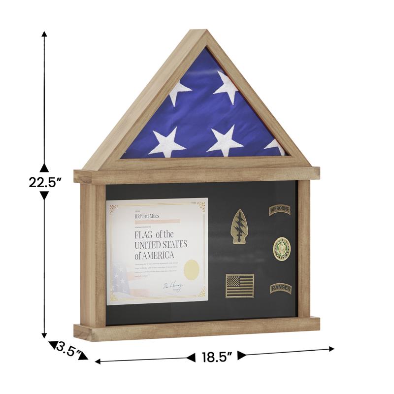 flash Furniture Quincy Flag And Certificate Display Case Solid Pine Wood Flag Shadow Box Fits 3x5 Folded Flag Weathered Wood Finish
