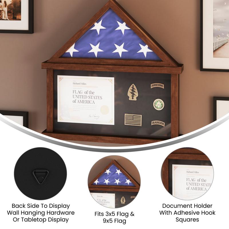 Flash Furniture Quincy Flag And Certificate Display Case Solid Pine Wood Flag Shadow Box Fits 9x5 Folded Burial Flag Dark Brown Finish