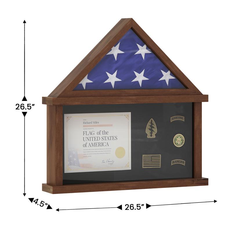 Flash Furniture Quincy Flag And Certificate Display Case Solid Pine Wood Flag Shadow Box Fits 9x5 Folded Burial Flag Dark Brown Finish