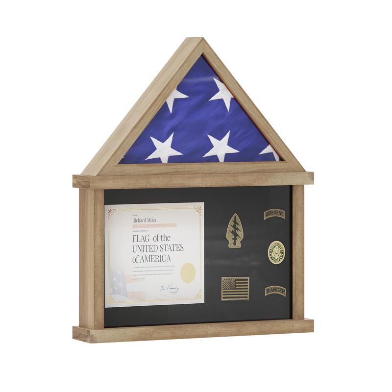 flash furniture Quincy Flag and Certificate Display Case Solid Pine Wood Flag Shadow Box Fits 3x5 Folded Flag Weathered Wood Finish