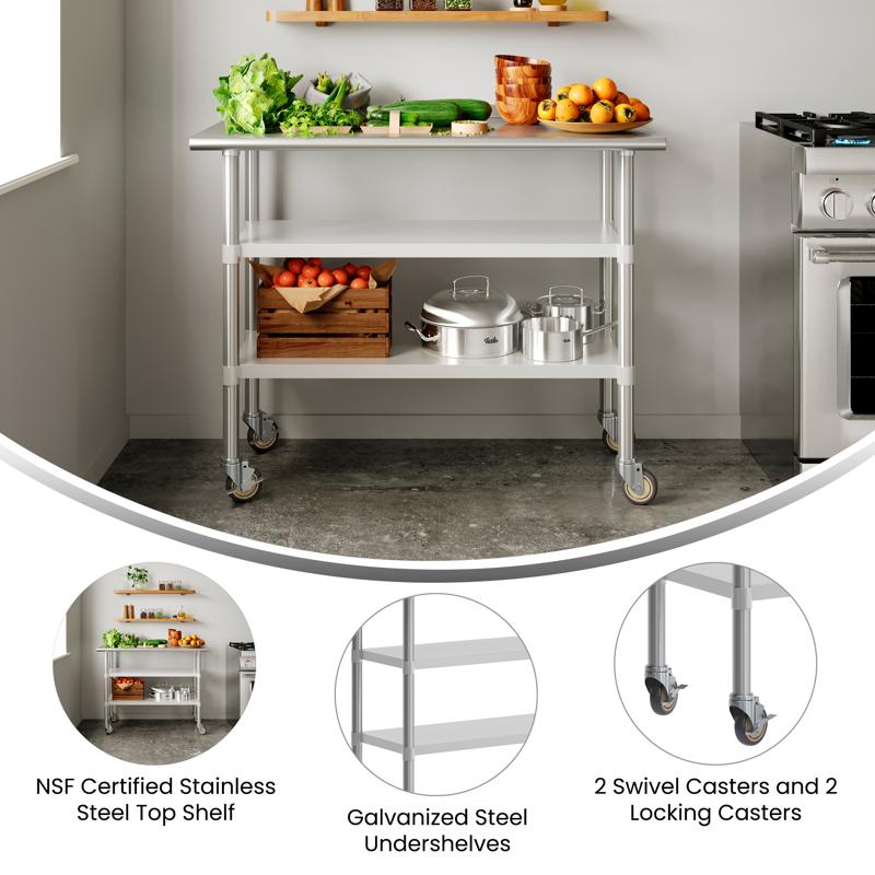 Flash Furniture Rawcliffe NSF Certified Stainless Steel Prep And Work Table 24"x 48" With 2 Galvanized Steel Undershelves And 4 Casters With 2 Locking