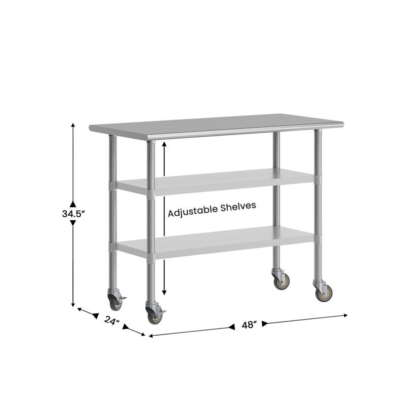 Flash Furniture Rawcliffe NSF Certified Stainless Steel Prep And Work Table 24"x 48" With 2 Galvanized Steel Undershelves And 4 Casters With 2 Locking