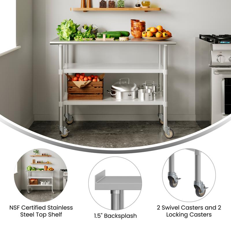 Flash Furniture Rawcliffe NSF Certified Stainless Steel Prep And Work Table 24"x 48" With 1.5" Backsplash 2 Galvanized Steel Undershelves And 4 Casters 2 Locking