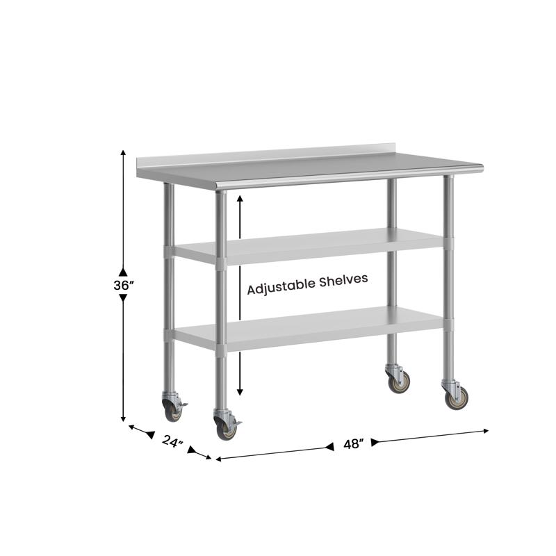 Flash Furniture Rawcliffe NSF Certified Stainless Steel Prep And Work Table 24"x 48" With 1.5" Backsplash 2 Galvanized Steel Undershelves And 4 Casters 2 Locking