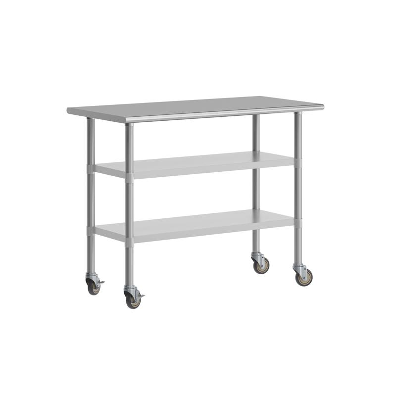 flash furniture Rawcliffe NSF Certified Stainless Steel Prep and Work Table 24"x 48" with 2 Galvanized Steel Undershelves and 4 Casters with 2 Locking