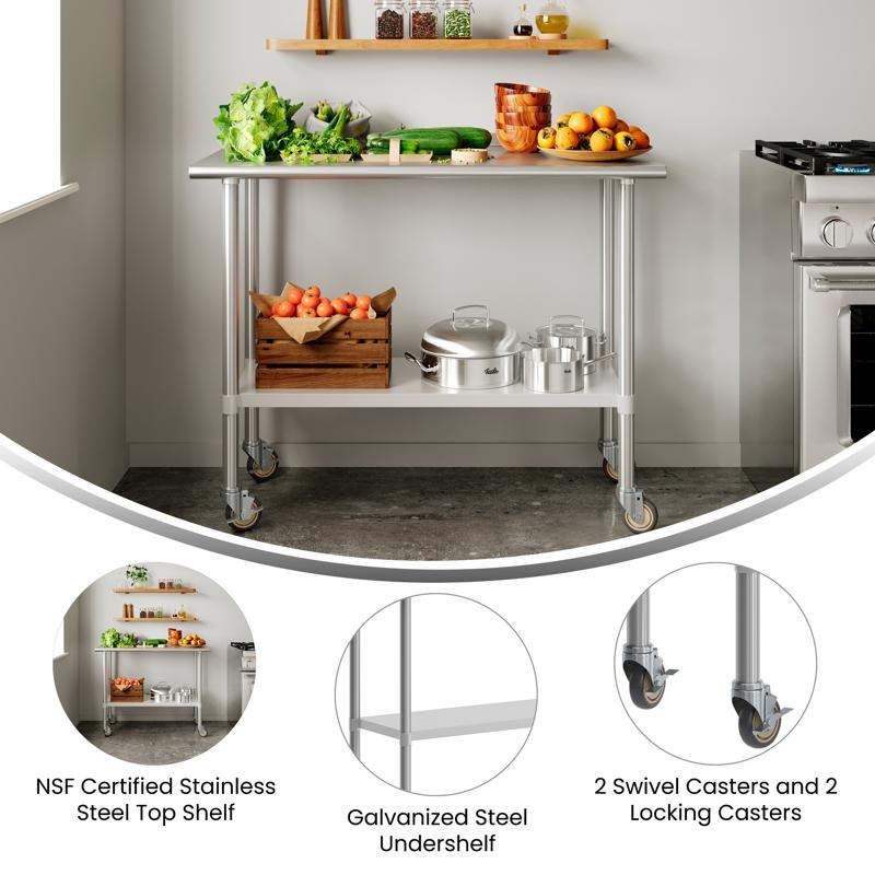 Flash Furniture Rawcliffe Portable Prep And Work Table With NSF Certified 18 Gauge Stainless Steel Top Shelf Galvanized Steel Undershelf And 4 Casters With 2 Locking