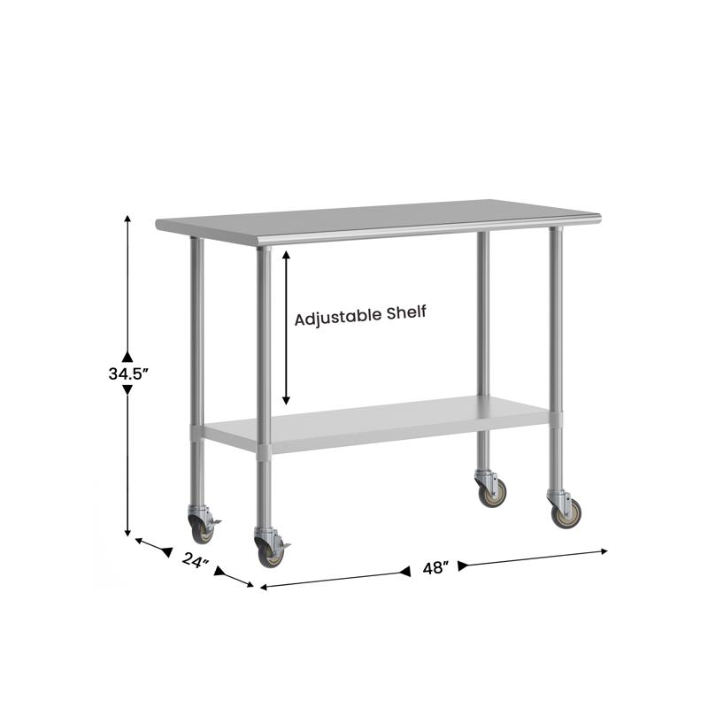 Flash Furniture Rawcliffe Portable Prep And Work Table With NSF Certified 18 Gauge Stainless Steel Top Shelf Galvanized Steel Undershelf And 4 Casters With 2 Locking