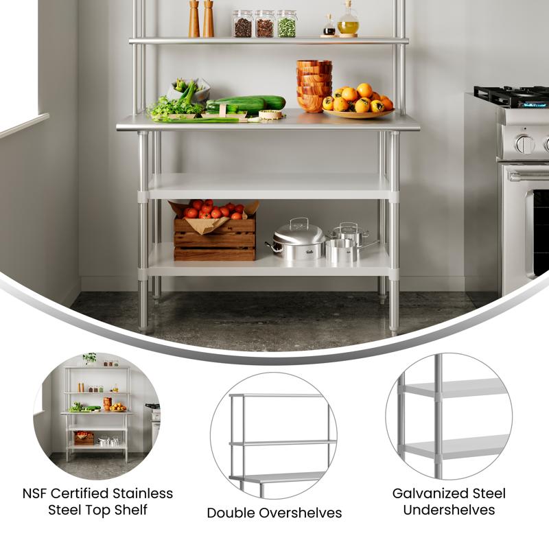 Flash Furniture Rawcliffe Portable Prep And Work Table With NSF Certified 18 Gauge Stainless Steel Top Shelf And Double Overshelves 2 Galvanized Steel Undershelves
