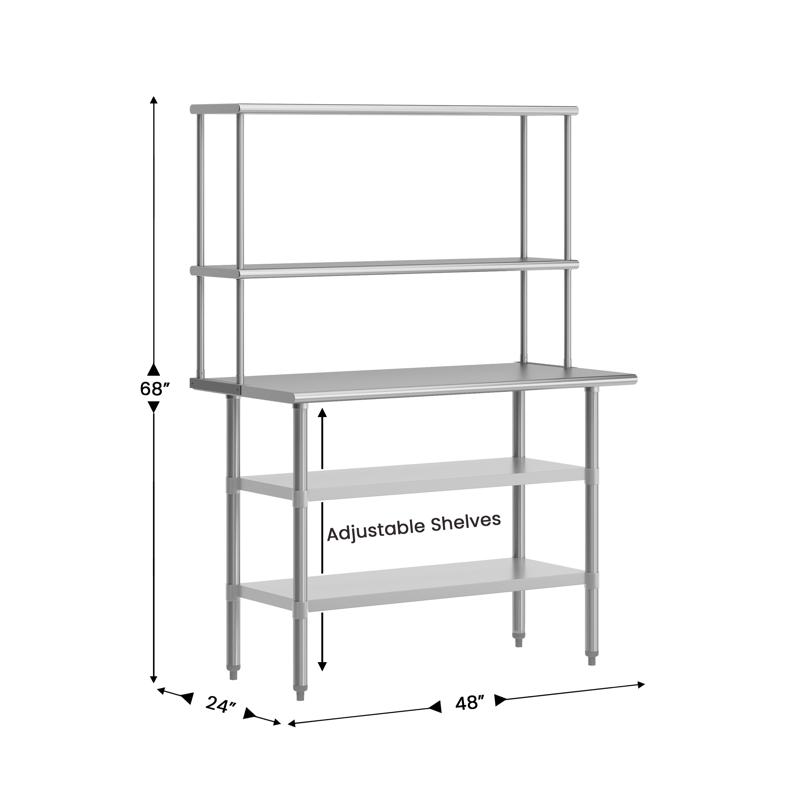 Flash Furniture Rawcliffe Portable Prep And Work Table With NSF Certified 18 Gauge Stainless Steel Top Shelf And Double Overshelves 2 Galvanized Steel Undershelves
