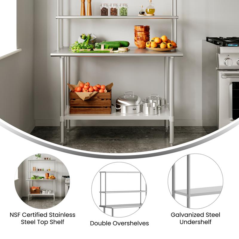 Flash Furniture Rawcliffe Portable Prep And Work Table With NSF Certified 18 Gauge Stainless Steel Top Shelf And Double Overshelves And Galvanized Steel Undershelf