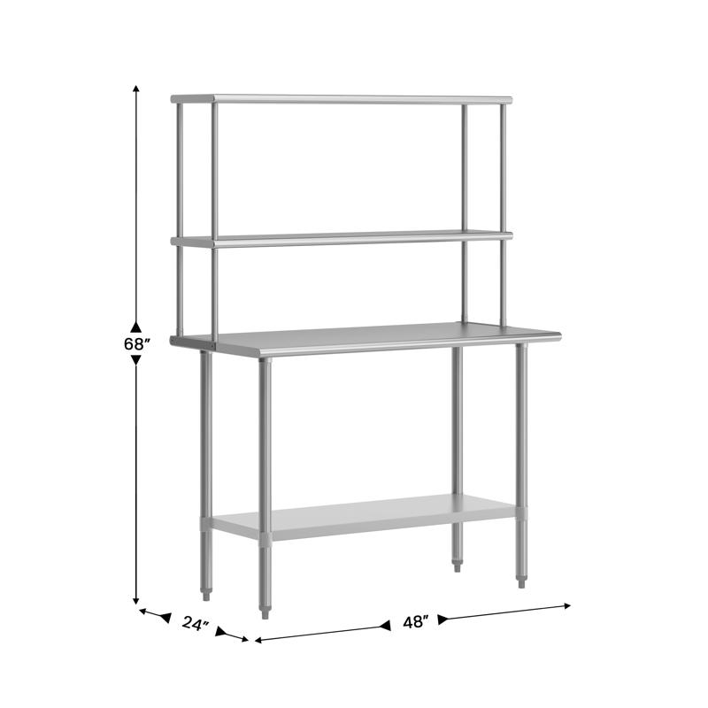 Flash Furniture Rawcliffe Portable Prep And Work Table With NSF Certified 18 Gauge Stainless Steel Top Shelf And Double Overshelves And Galvanized Steel Undershelf