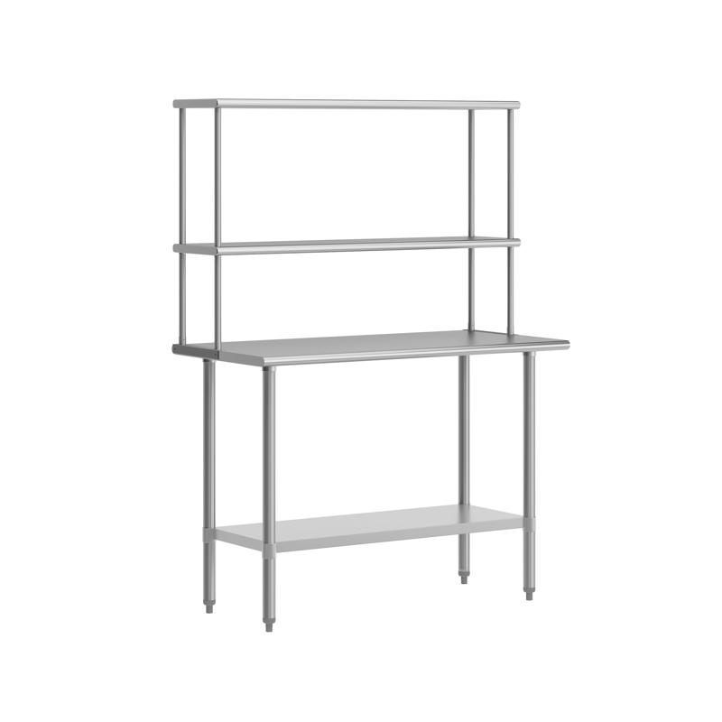 flash furniture Rawcliffe Portable Prep and Work Table with NSF Certified 18 Gauge Stainless Steel Top Shelf and Double Overshelves and Galvanized Steel Undershelf