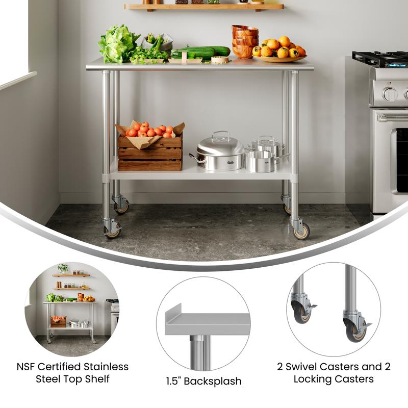 Flash Furniture Rawcliffe Stainless Steel 18 Gauge NSF Cert. Portable Prep And Work Table With 1.5" Backsplash Undershelf And 2 Locking Casters- 48"W X 24"D X 36"H