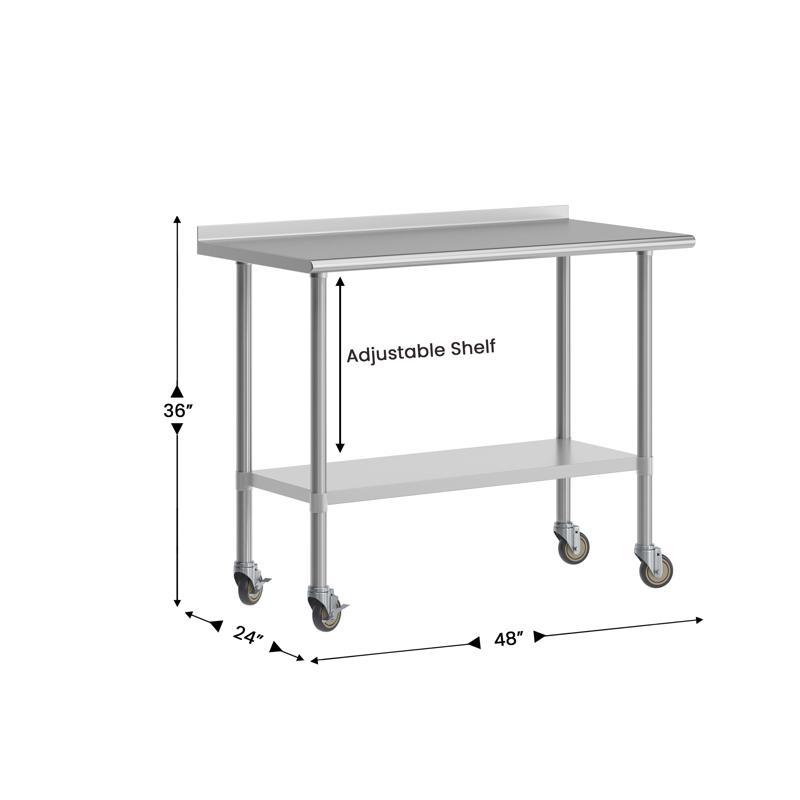 Flash Furniture Rawcliffe Stainless Steel 18 Gauge NSF Cert. Portable Prep And Work Table With 1.5" Backsplash Undershelf And 2 Locking Casters- 48"W X 24"D X 36"H