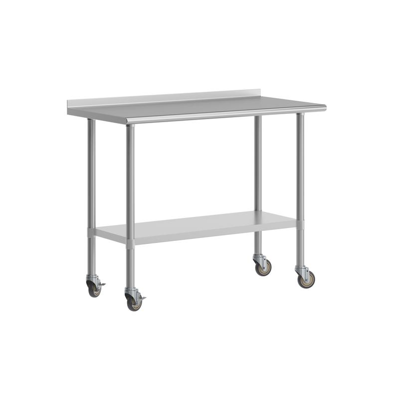 flash furniture Rawcliffe Stainless Steel 18 Gauge NSF Cert. Portable Prep and Work Table with 1.5" Backsplash Undershelf and 2 Locking Casters- 48"W x 24"D x 36"H