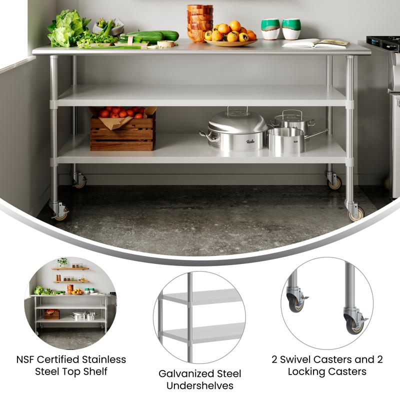 Flash Furniture Reader NSF Certified Stainless Steel Prep And Work Table 30"x 72" With 2 Galvanized Steel Undershelves And 4 Casters Heavy Duty Food Prep Worktable