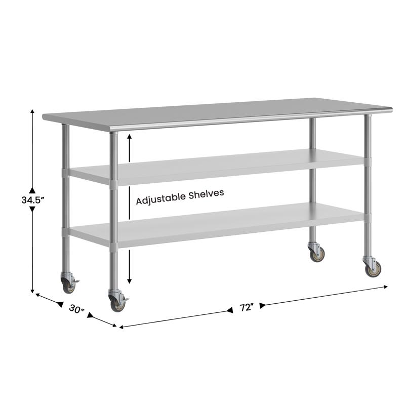 Flash Furniture Reader NSF Certified Stainless Steel Prep And Work Table 30"x 72" With 2 Galvanized Steel Undershelves And 4 Casters Heavy Duty Food Prep Worktable