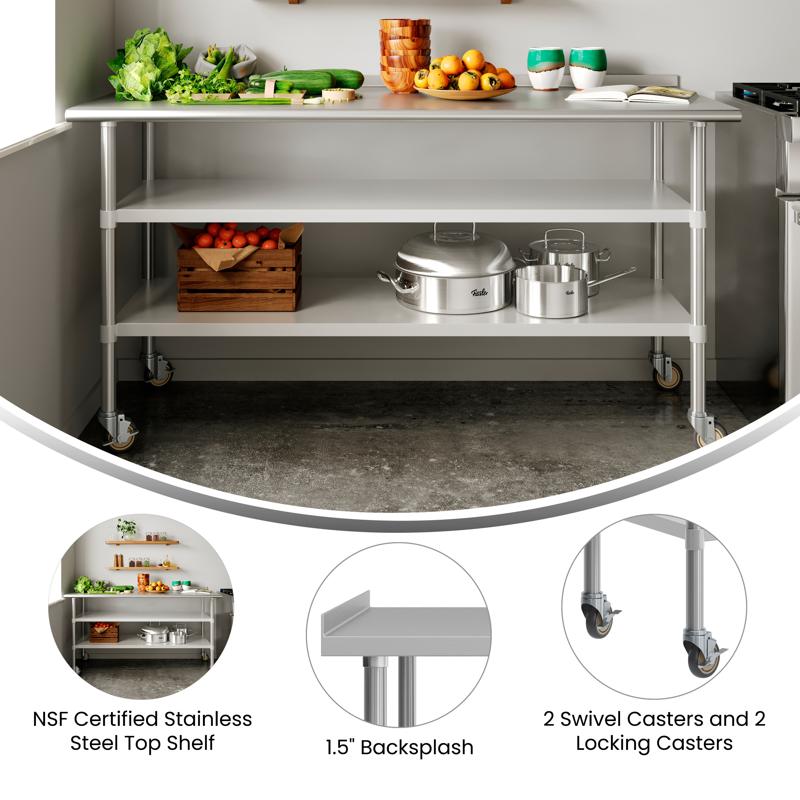 Flash Furniture Reader NSF Certified Stainless Steel Prep And Work Table 30"x 72" With 1.5" Backsplash 2 Galvanized Steel Undershelves And 4 Casters 2 Locking