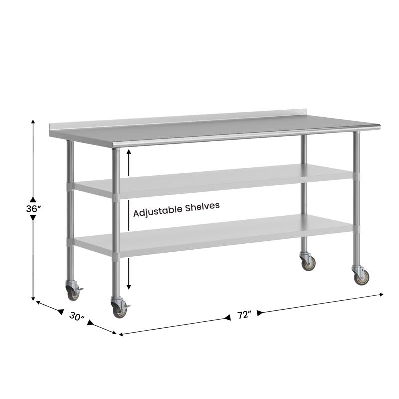 Flash Furniture Reader NSF Certified Stainless Steel Prep And Work Table 30"x 72" With 1.5" Backsplash 2 Galvanized Steel Undershelves And 4 Casters 2 Locking