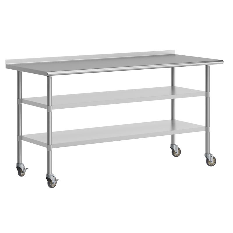 flash furniture Reader NSF Certified Stainless Steel Prep and Work Table 30"x 72" with 1.5" Backsplash 2 Galvanized Steel Undershelves and 4 Casters 2 Locking