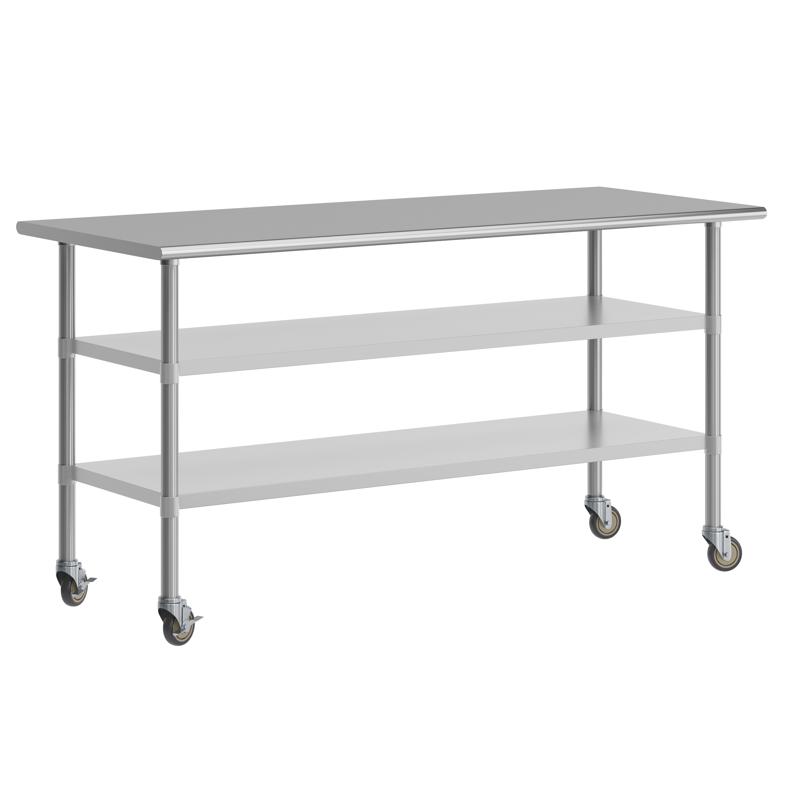 flash furniture Reader NSF Certified Stainless Steel Prep and Work Table 30"x 72" with 2 Galvanized Steel Undershelves and 4 Casters Heavy Duty Food Prep Worktable