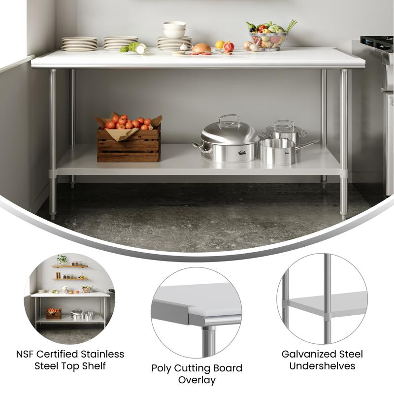 Flash Furniture Reader Portable Prep And Work Table With NSF Certified 18 Gauge Stainless Steel Top Shelf With Poly Cutting Board And Galvanized Steel Undershelf
