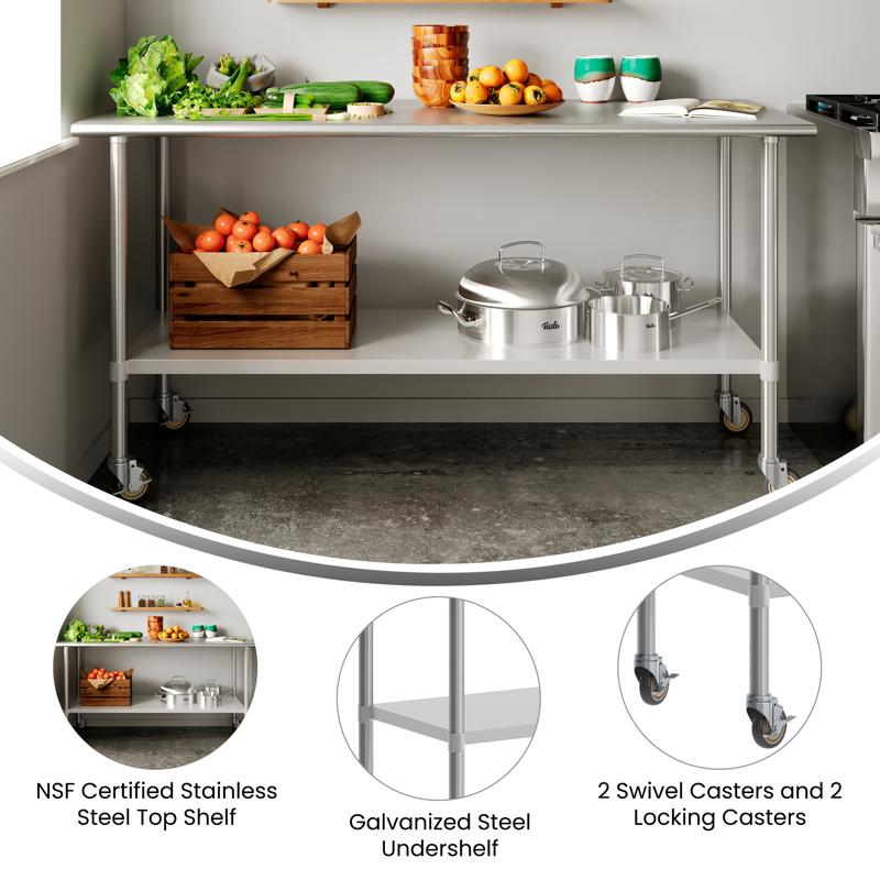 Flash Furniture Reader Portable Prep And Work Table With NSF Certified 18 Gauge Stainless Steel Top Shelf Galvanized Steel Undershelf And 4 Casters With 2 Locking