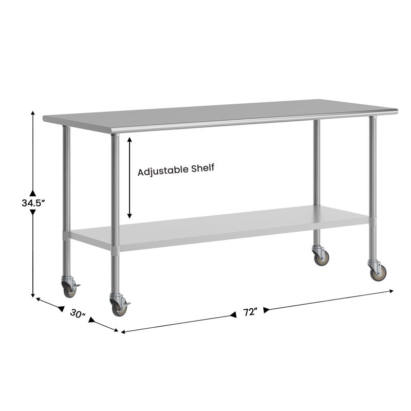 Flash Furniture Reader Portable Prep And Work Table With NSF Certified 18 Gauge Stainless Steel Top Shelf Galvanized Steel Undershelf And 4 Casters With 2 Locking