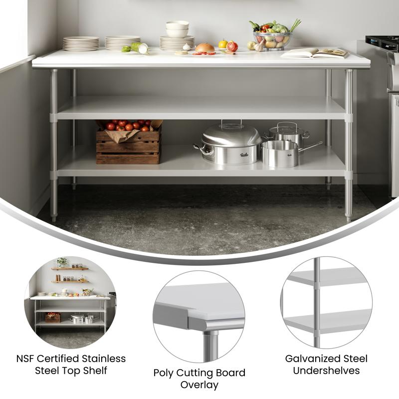 Flash Furniture Reader Portable Prep And Work Table With NSF Certified 18 Gauge Stainless Steel Top Shelf With Poly Cutting Board And 2 Galvanized Steel Undershelves