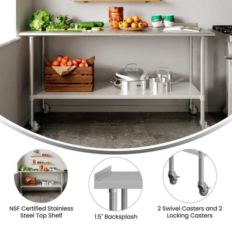 Flash Furniture Reader Portable Prep And Work Table With NSF Certified Stainless Steel Top Shelf 1.5" Backsplash Galvanized Steel Undershelf 4 Casters 2 Locking