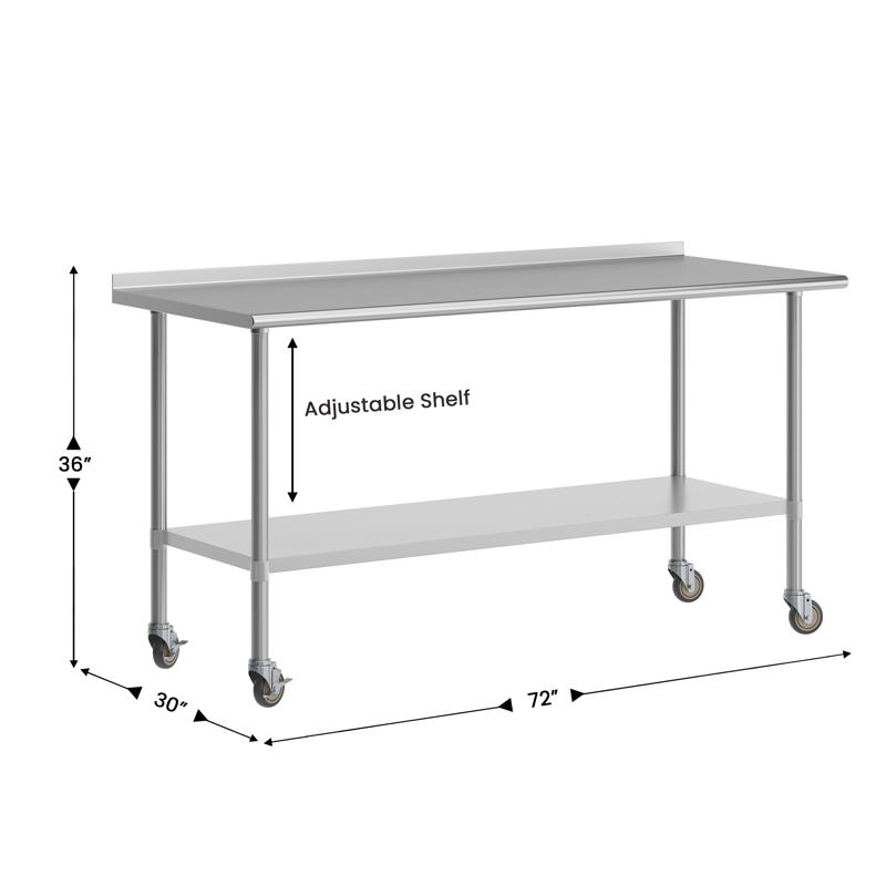 Flash Furniture Reader Portable Prep And Work Table With NSF Certified Stainless Steel Top Shelf 1.5" Backsplash Galvanized Steel Undershelf 4 Casters 2 Locking