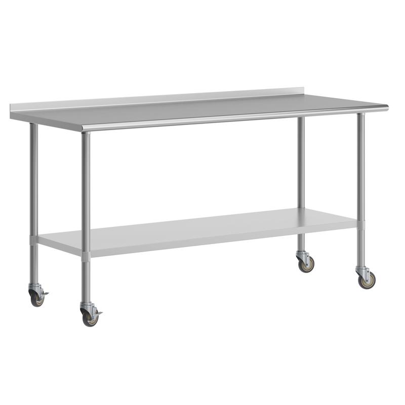 flash furniture Reader Portable Prep and Work Table with NSF Certified Stainless Steel Top Shelf 1.5" Backsplash Galvanized Steel Undershelf 4 Casters 2 Locking