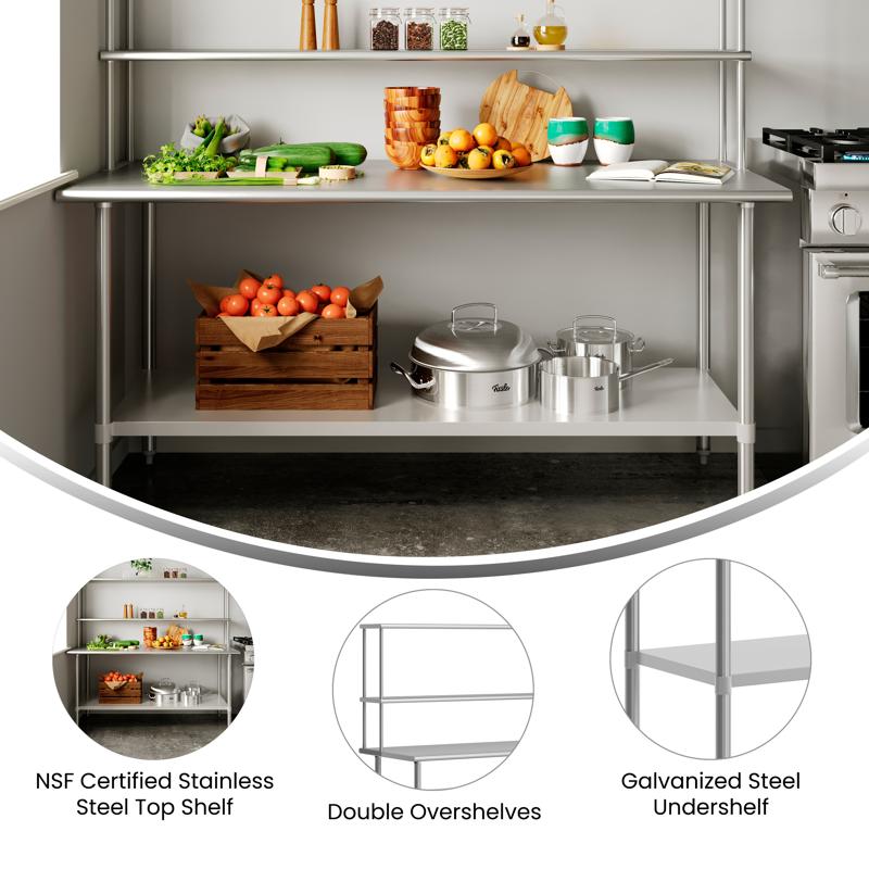 Flash Furniture Reader Portable Prep And Work Table With NSF Certified 18 Gauge Stainless Steel Top Shelf And Double Overshelves And Galvanized Steel Undershelf