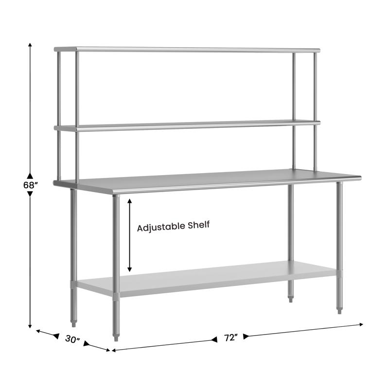 Flash Furniture Reader Portable Prep And Work Table With NSF Certified 18 Gauge Stainless Steel Top Shelf And Double Overshelves And Galvanized Steel Undershelf