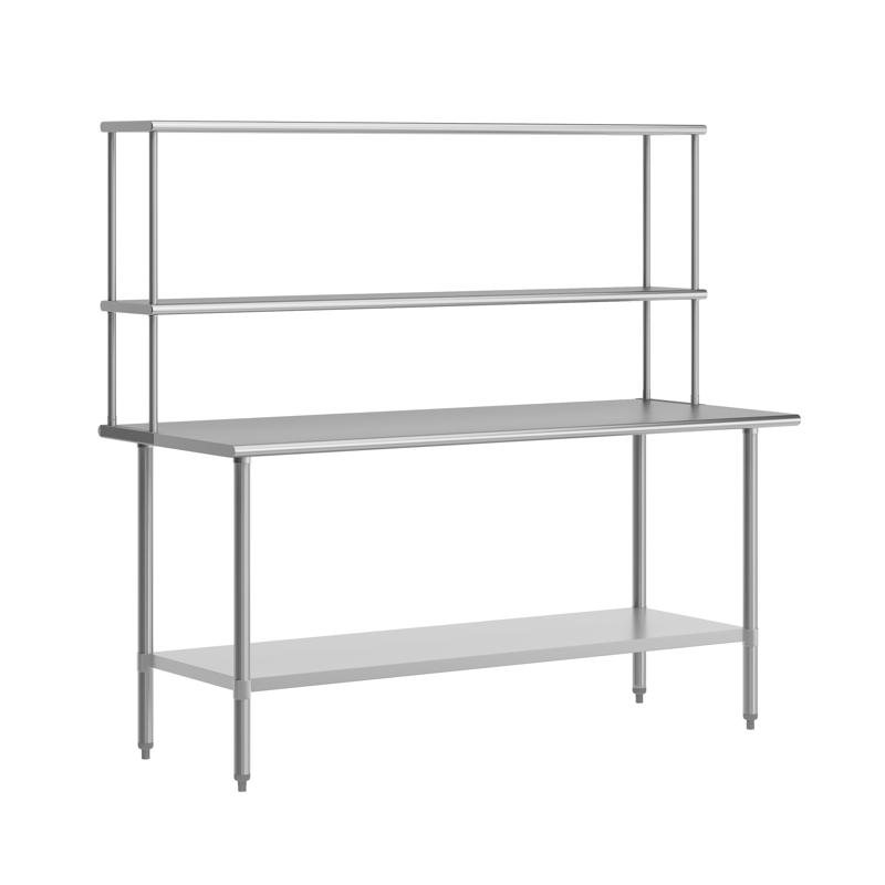 flash furniture Reader Portable Prep and Work Table with NSF Certified 18 Gauge Stainless Steel Top Shelf and Double Overshelves and Galvanized Steel Undershelf