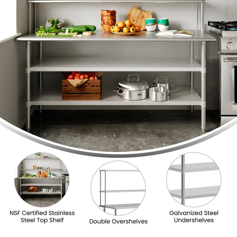 Flash Furniture Reader Portable Prep And Work Table With NSF Certified 18 Gauge Stainless Steel Top Shelf And Double Overshelves And 2 Galvanized Steel Undershelves