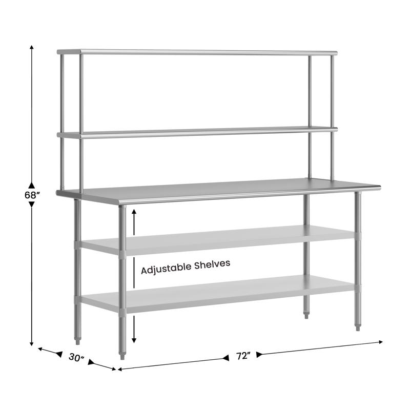 Flash Furniture Reader Portable Prep And Work Table With NSF Certified 18 Gauge Stainless Steel Top Shelf And Double Overshelves And 2 Galvanized Steel Undershelves