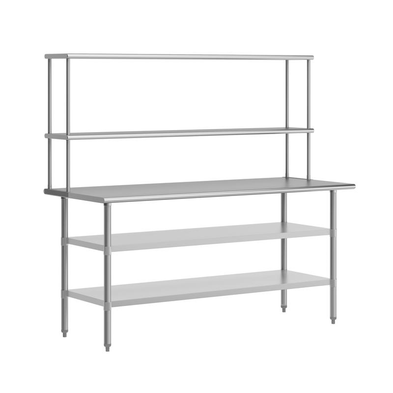 flash furniture Reader Portable Prep and Work Table with NSF Certified 18 Gauge Stainless Steel Top Shelf and Double Overshelves and 2 Galvanized Steel Undershelves