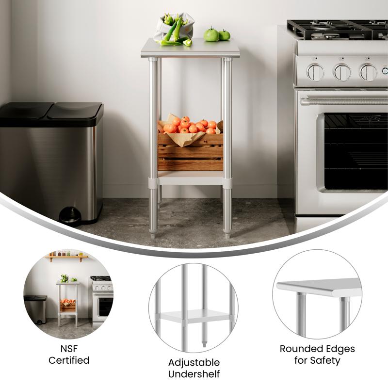 Flash Furniture Reese 24x18 Portable Prep And Work Table With NSF Certified 18 Gauge Stainless Steel Top Shelf And Adjustable Galvanized Steel Undershelf