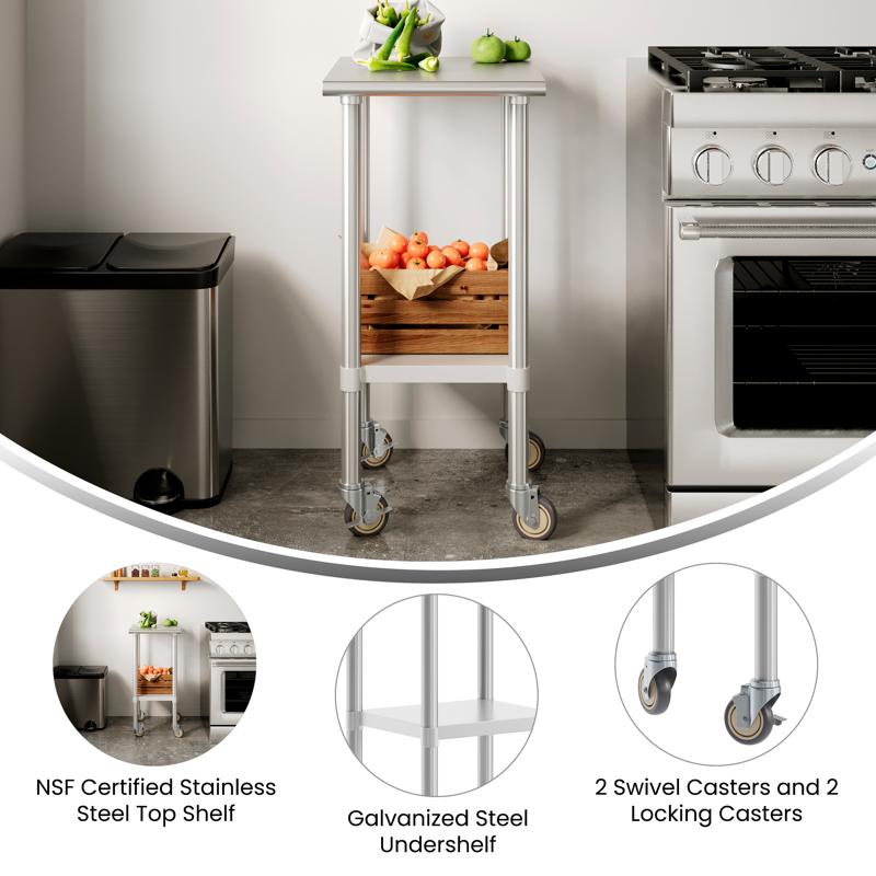 Flash Furniture Reese 24x18 Portable Prep And Work Table With NSF Certified 18 Gauge Stainless Steel Top Shelf Galvanized Steel Undershelf 4 Casters With 2 Locking