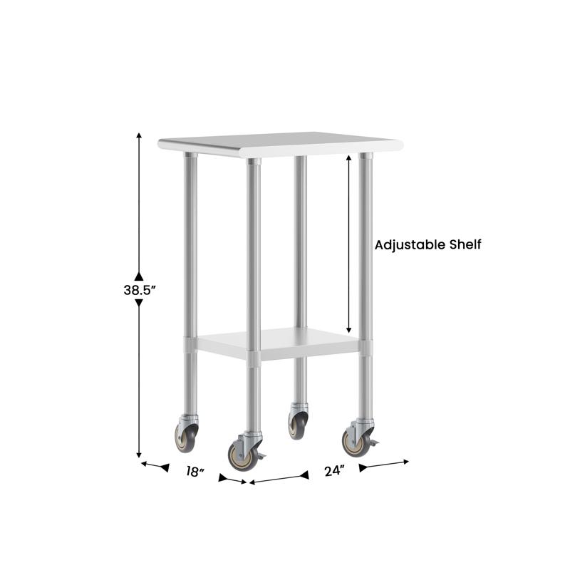 Flash Furniture Reese 24x18 Portable Prep And Work Table With NSF Certified 18 Gauge Stainless Steel Top Shelf Galvanized Steel Undershelf 4 Casters With 2 Locking