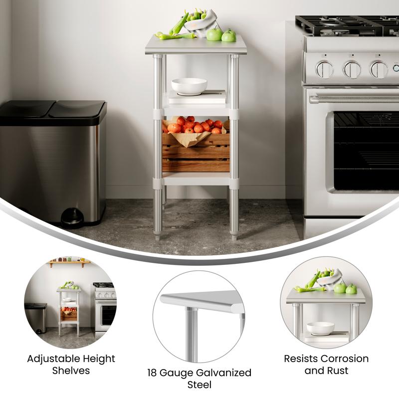Flash Furniture Reese 24x18 Portable Prep And Work Table With NSF Certified 18 Gauge Stainless Steel Top Shelf And 2 Adjustable Galvanized Steel Undershelves