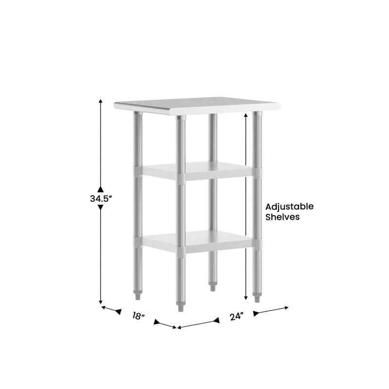 Flash Furniture Reese 24x18 Portable Prep And Work Table With NSF Certified 18 Gauge Stainless Steel Top Shelf And 2 Adjustable Galvanized Steel Undershelves