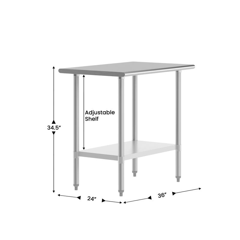 Flash Furniture Reese 24x36 Portable Prep And Work Table With NSF Certified 18 Gauge Stainless Steel Top Shelf And Adjustable Galvanized Steel Undershelf